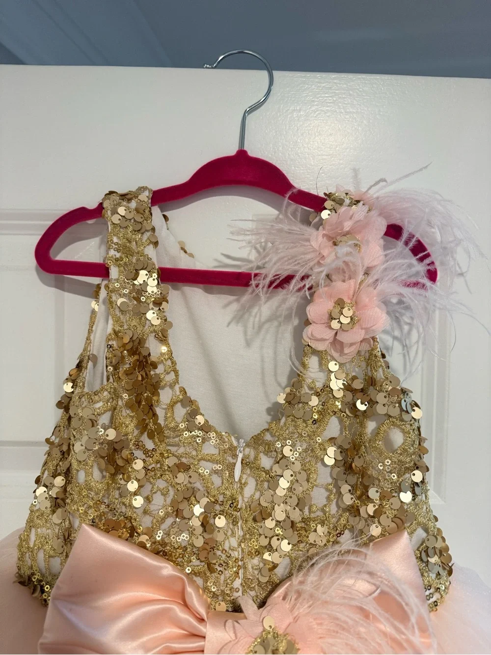 Tulleen Gold Sequin and feathers dress with pink tulle full skirt